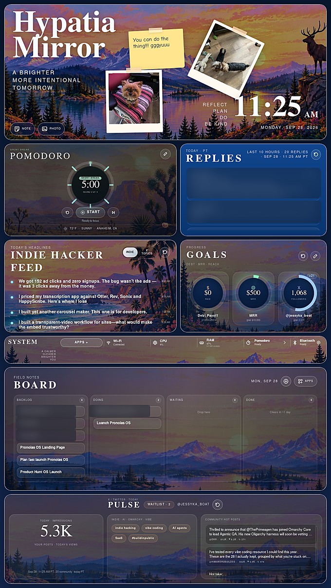 Hypatia Mirror dashboard on a smart mirror